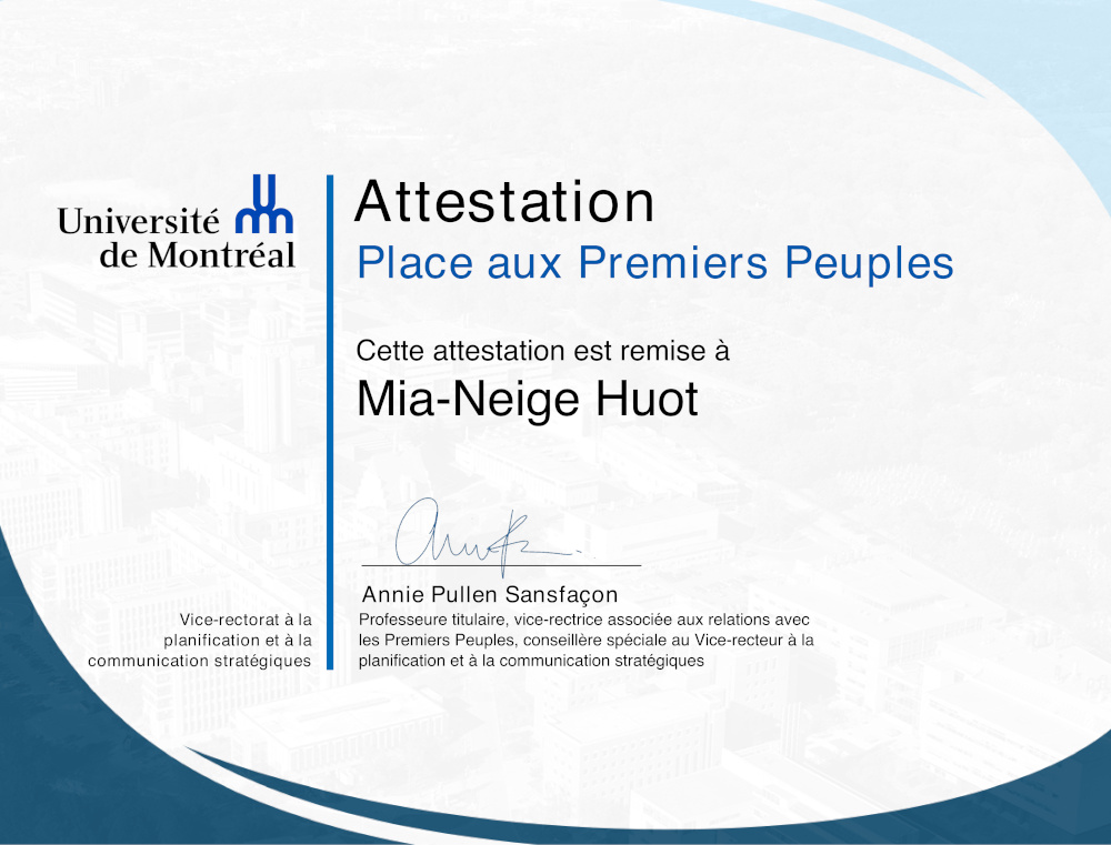 Attestation de participation remise à la fin de la formation Place aux Premiers Peuples offerte par l’Université de Montréal.