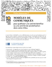 Fiche 2 (MODÈLES DE COMMUNIQUÉS
pour publiciser une activité-bénéfice
ou une activité de sensibilisation dans votre milieu)